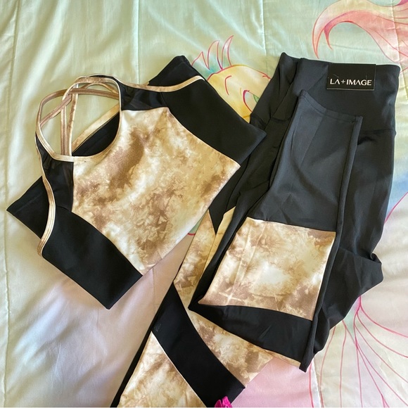 tie dye matching leggings with top athletic workout NWT LA + image - Picture 1 of 11